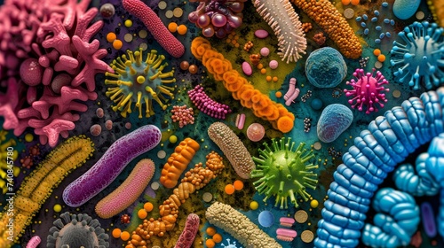 A highly detailed and colorful representation of a variety of bacterial colonies, showcasing the diversity of microscopic life.