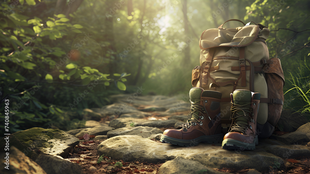 Adventure Awaits: Backpack and Hiking Boots in the Enchanting Forest Adventure Awaits: Backpack and Hiking Boots in the Enchanting Forest