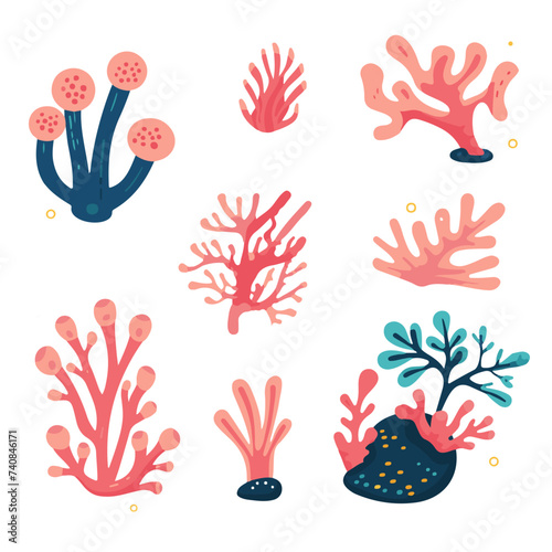 Set vector illustration underwater world  shell  coral  sea plants  stones on white background for sticker  print  poster  postcard
