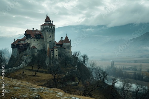 A grand castle proudly stands on a hill, with dark clouds forming a dramatic backdrop, Dracula's castle perched on a hill overlooking a desolate valley, AI Generated