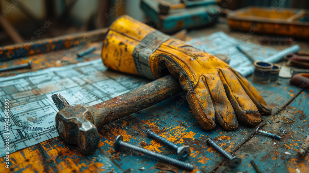 Old yellow construction glove and canvas on a workbench. Old yellow construction glove and canvas on a workbench.