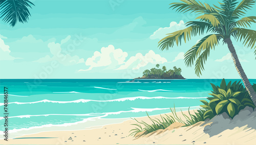 Tropical Sea beach background, landscape with sand beach, sea water edge and palm trees. Colorful vector art illustration, banner, wallpaper photo