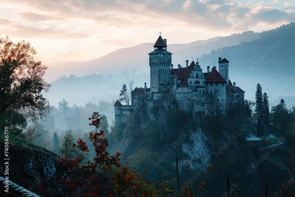 A formidable castle sits atop a lush green hill, surrounded by a dense forest, Dracula's castle perched on a hill overlooking a desolate valley, AI Generated