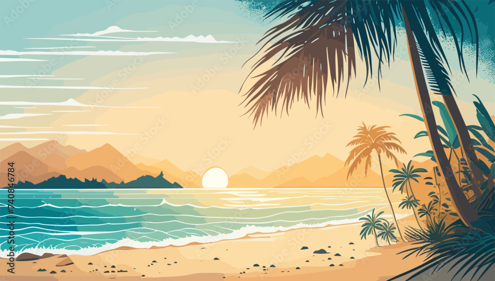 Sunset in Tropical Sea beach background, landscape with sand beach, sea water edge and palm trees. Colorful vector art illustration, banner, wallpaper