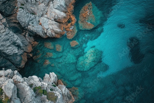 This aerial photograph captures a body of water enclosed by rocky terrain, showcasing the natural landscape from above, Dramatic aerial scenery of azure sea surrounding rugged rocks, AI Generated