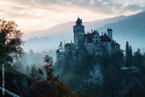 A formidable castle sits atop a lush green hill, surrounded by a dense forest, Dracula's castle perched on a hill overlooking a desolate valley, AI Generated