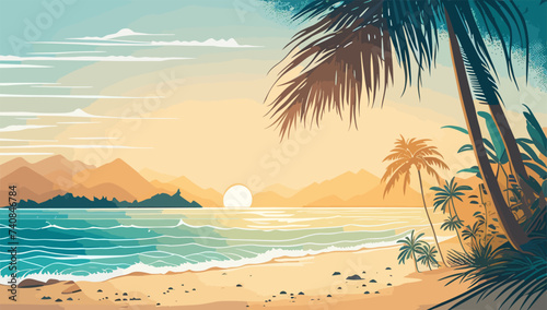 Sunset in Tropical Sea beach background, landscape with sand beach, sea water edge and palm trees. Colorful vector art illustration, banner, wallpaper © Creative_Juice_Art