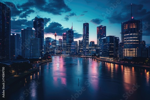 The photo captures a magnificent view of a bustling city at night, seen from across a serene river, Dramatic cityscape with skyscrapers-rimmed riverside, AI Generated