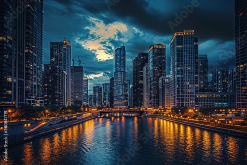 A river runs through a busy city, surrounded by towering buildings and bustling urban life, Dramatic cityscape with skyscrapers-rimmed riverside, AI Generated © Iftikhar alam
