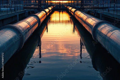 This photo captures a clear view of a sizable pipe positioned in the center of a body of water, Dramatic reflections of industrial pipelines on water, AI Generated photo
