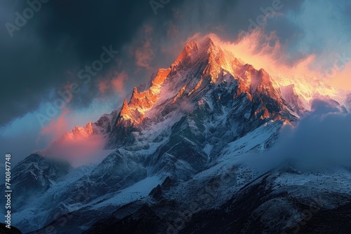 A vast snow-covered mountain standing tall underneath a cloudy sky, creating a stunning winter landscape, Dramatic sunrise illuminating a mountain peak, AI Generated