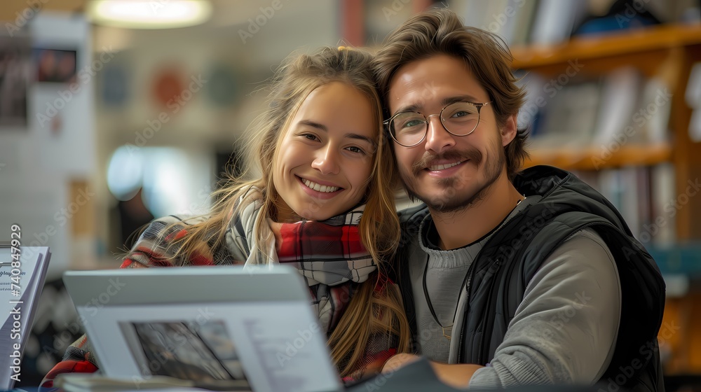 A man and a woman collaborating on a report, smiling as they make progress together