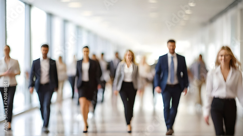 Bright business workplace with people walking finish work blurred motion and blurred background