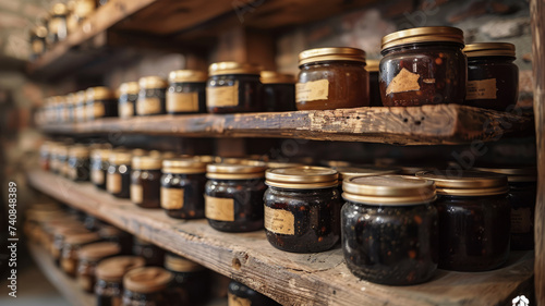 Jars of jam on a shelf in the cellar