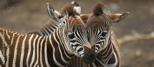 Detailed close up portrait of a majestic zebra with black and white stripes in the wild