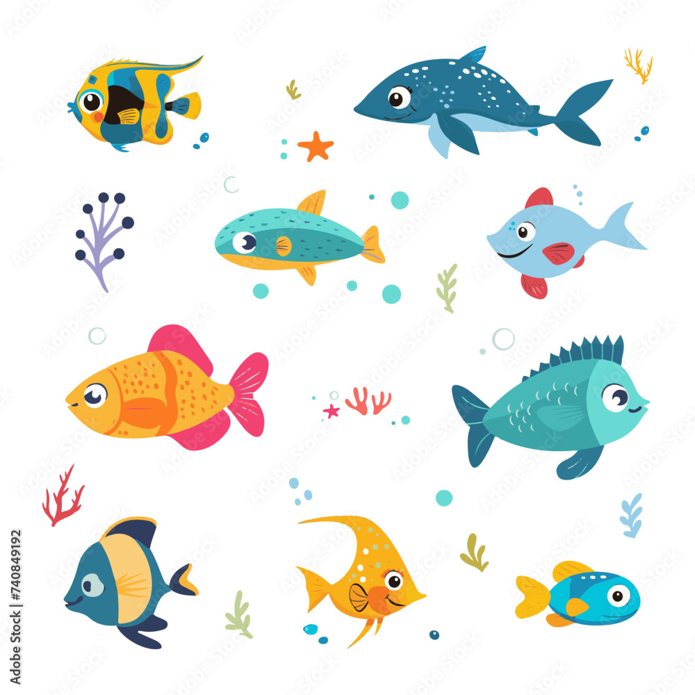 Naklejka premium Set vector illustration underwater world, different fish on white background for sticker, print, poster, postcard