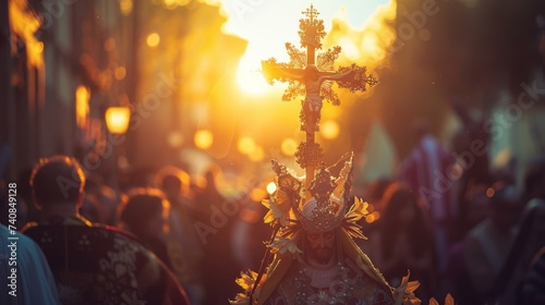 a religious procession,a cross, holy week	
 photo