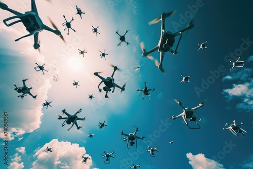 Several airplanes flying in close formation against a clear blue sky, Drones in the sky seen from a bird's eye view, AI Generated