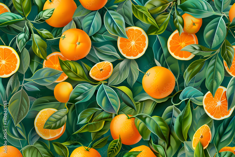 Summer pattern of oranges and green leaves on green background.