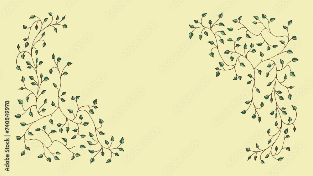 Spring green, light, cute background, frame of floral tree branch, leaf, plants. Elegant, aesthetic, stylish elements for Decoration. Hand drawing doodles of vintage botanical elements. Space for text