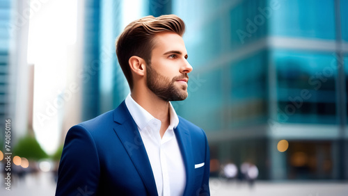 Portrait of a beautiful young business man outdoors, on blurred business center background, with copy space