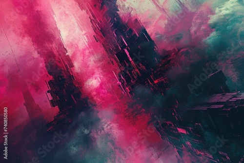 An abstract painting featuring vibrant pink and green colors  creating a dynamic and visually striking composition  Dystopian future world illustrated through abstract digital art  AI Generated