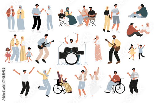 Summer open-air festival set, music concert in park clipart, singer and musicians playing instruments on stage, people dancing, enjoying food and drink, having fun vector illustrations