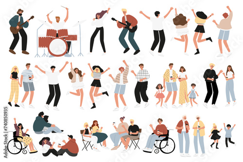 Summer open-air festival set, music concert in park clipart, singer and musicians playing instruments on stage, people dancing, enjoying food and drink, having fun vector illustrations