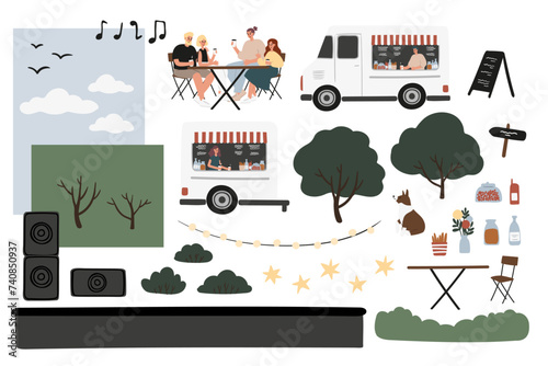 Summer open-air festival set, music concert in park clipart, singer and musicians playing instruments on stage, people dancing, enjoying food and drink, having fun vector illustrations