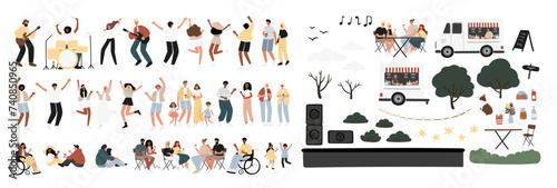 Summer open-air festival set, music concert in park clipart, singer and musicians playing instruments on stage, people dancing, enjoying food and drink, having fun vector illustrations