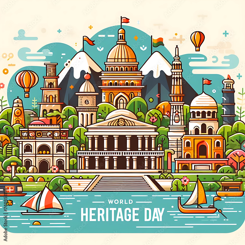 World Heritage Day Illustration of Square Background Suitable for Social Media, Greeting Card, Generative AI