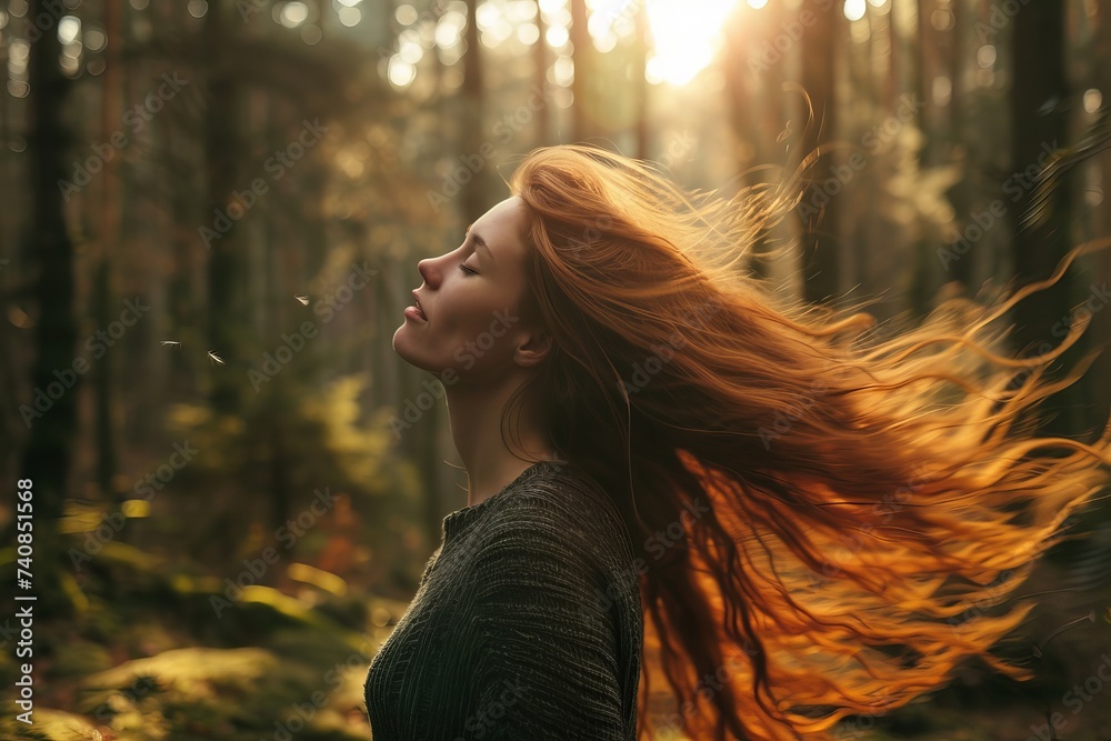 Alone Young woman with fluttering hair express emotions in forest Alone Young woman with fluttering hair express emotions in forest