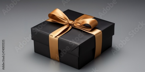 A black gift box with a gold ribbon on a gray background