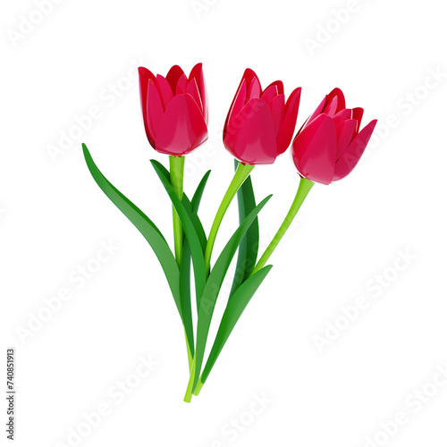3D Pink Tulip Flower Model Three Blossoms. 3d illustration  3d element  3d rendering. 3d visualization isolated on a transparent background