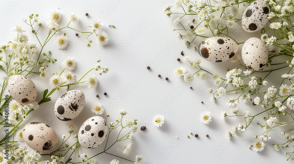 Easter eggs and gypsophila flowers on a white background