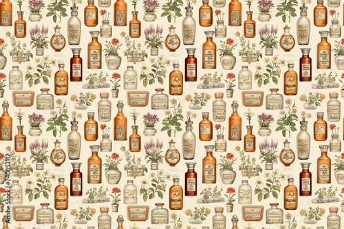 Vintage apothecary bottles and herbal illustrations in a seamless pattern