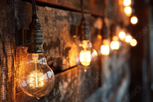 Vintage Incandescent Light Bulbs Illuminating Wooden Wall
