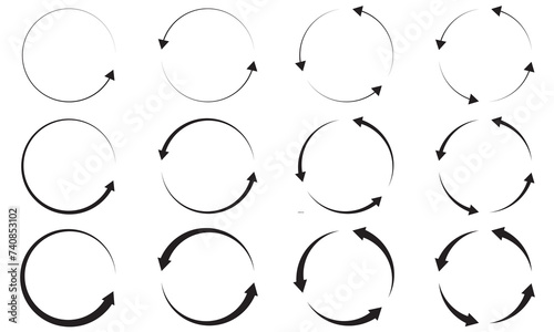 Set of circle arrows rotating on white background. Refresh, reload, recycle, loop rotation sign collection. Black circle arrows for infographics, web design. flat style, clip art. Vector illustration