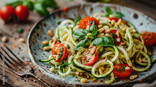 Fresh Zucchini Noodles Salad with Tomatoes and Pine Nuts