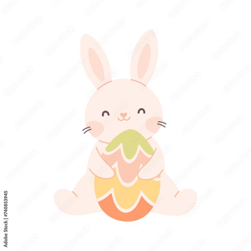 Cute white bunny with Easter egg. Happy Easter. Vector illustration in flat style Cute white bunny with Easter egg. Happy Easter. Vector illustration in flat style