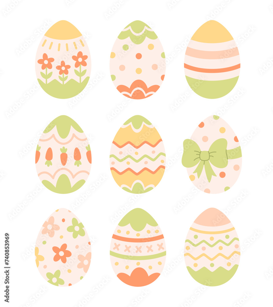 Easter eggs collection. Painted eggs. Happy Easter. Vector illustration in flat style