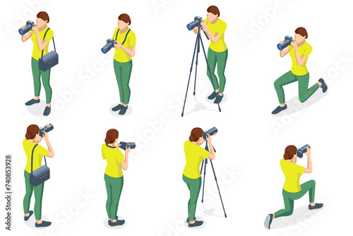 Isometric Woman Photographer with dslr Camera. Digital photo camera. Home hobby, lifestyle, travel, people concept. Professional Photographer.