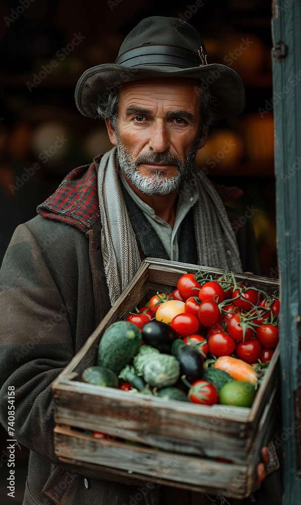 Fototapeta premium Portrait of a man with a wooden box full of fresh vegetables