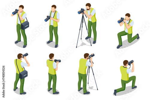 Isometric man Photographer with dslr Cameraon a tripod. Digital photo camera. Home hobby, lifestyle, travel, people concept. Professional Photographer.