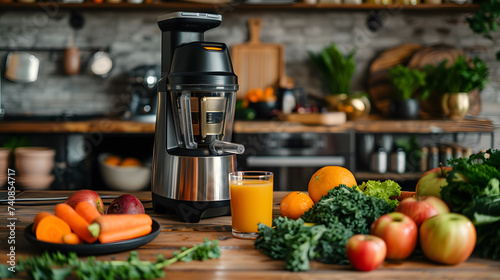 Modern Juicer and Fresh Produce on Kitchen Counter © slonme
