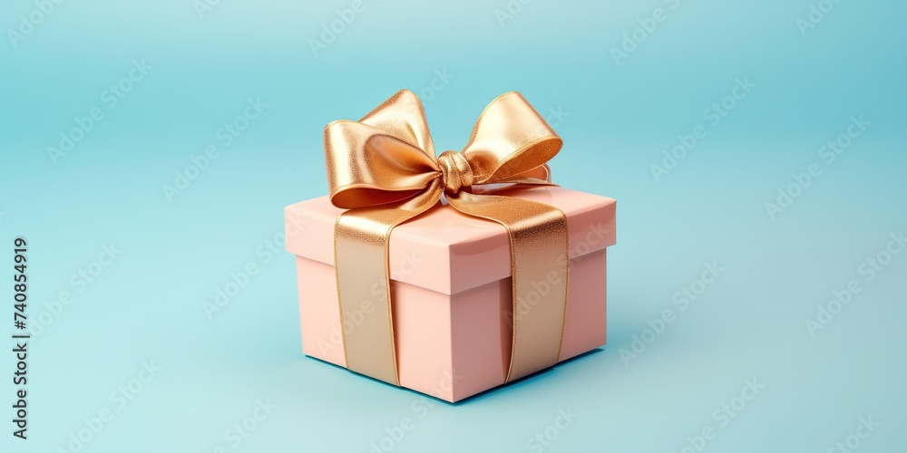 Obraz premium A pink gift box with a gold ribbon on a blue background
