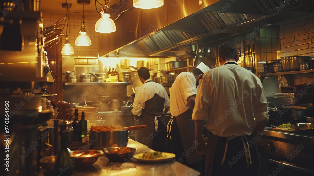 The process of preparing food in a restaurant kitchen.