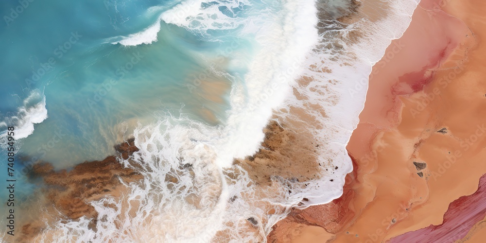 Aerial top view drom drone of a beautiful coastside waves sea ocean beach sand and surface. Relaxing vacation tourism deocrative promotion background scene
