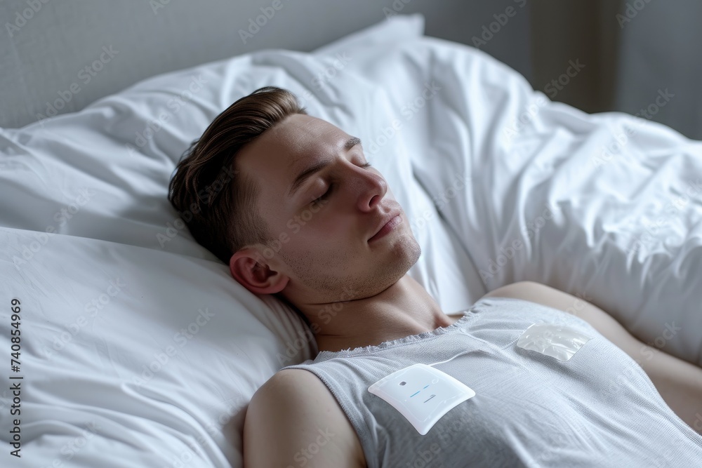 A man is seen reclining on a bed, holding a remote control device in his hand, Electronic skin patches for remote patient monitoring, AI Generated A man is seen reclining on a bed, holding a remote control device in his hand, Electronic skin patches for remote patient monitoring, AI Generated