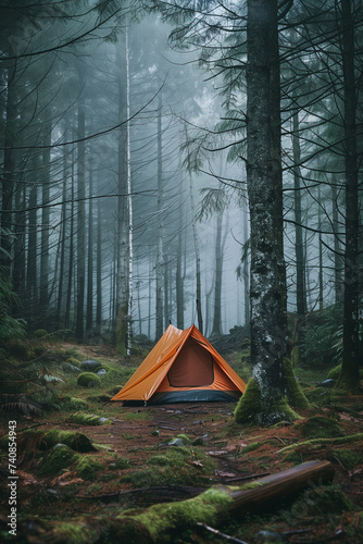 a tourist tent  in the rainy foggy forest © EvhKorn